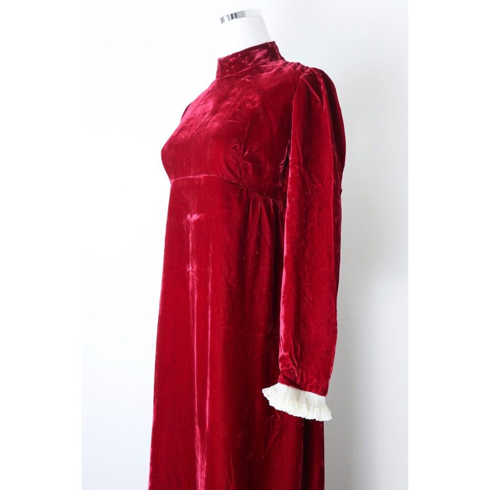 Vintage 1960s Emma Domb Victorian Revival Velvet Maxi Dress Red Lace Ruffle - Picture 4 of 12